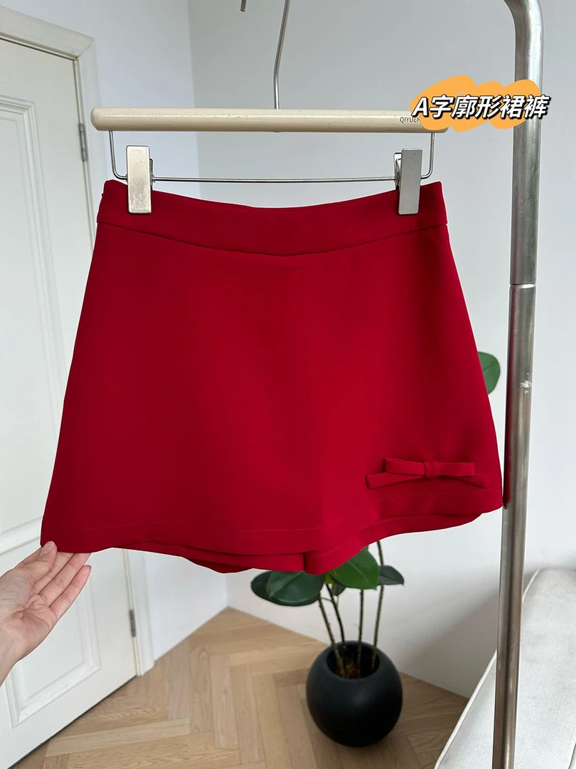 时尚正红色短款高腰A字半身裙女夏季新款法式显高显瘦a字短裙ins