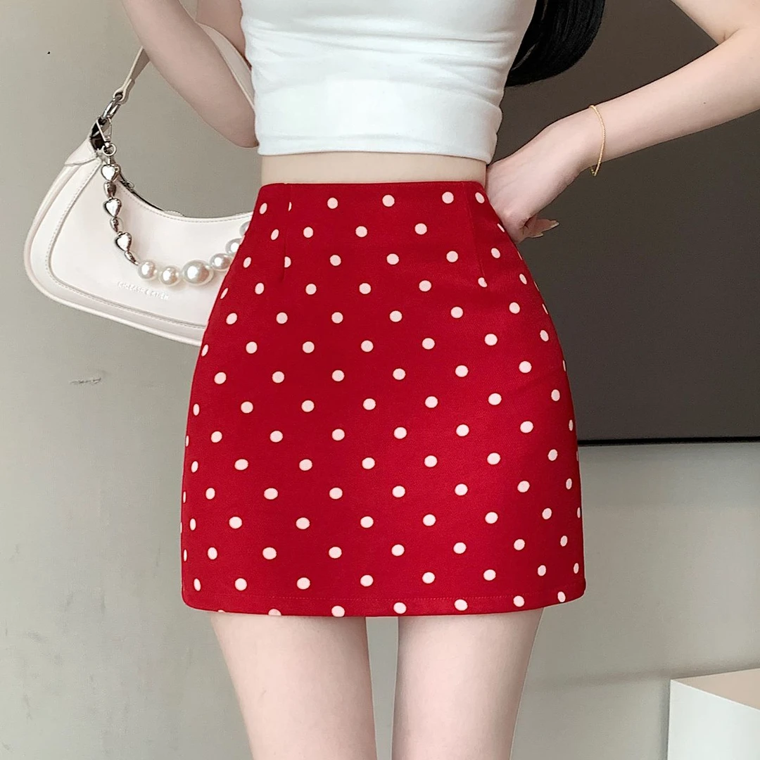 高腰显瘦弹力波点半身裙女2025夏季百搭A字小个子短裙辣妹包臀裙