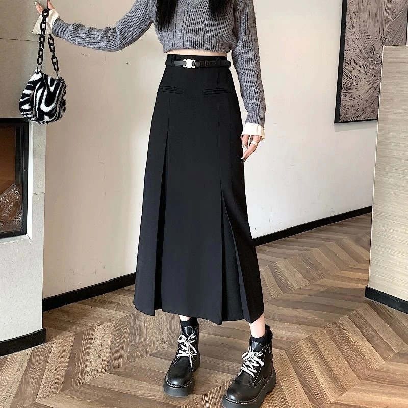 灰色西装半身裙女春秋中长款高腰a字百褶裙小个子包臀直筒长裙子