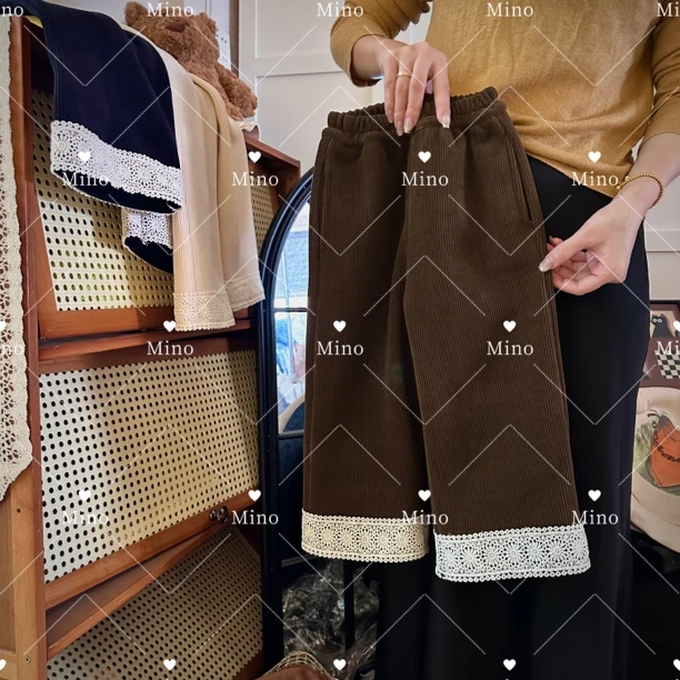 【MINO加绒裤】（花边直筒裤）女童秋冬雪尼尔百搭黑色加绒裤子女童