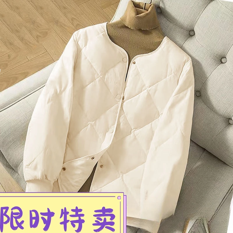 鸭鸭轻薄羽绒服服女轻便无领菱形格小羽绒服矮个子圆领宽松学生内