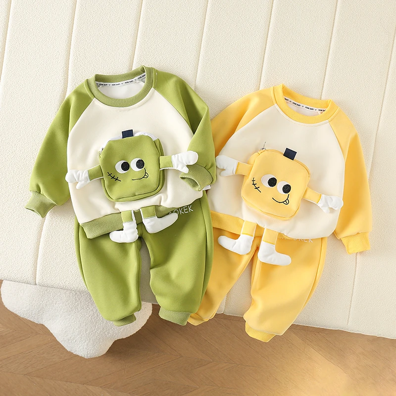 男女童春秋潮款立体小方块长袖卫衣套装