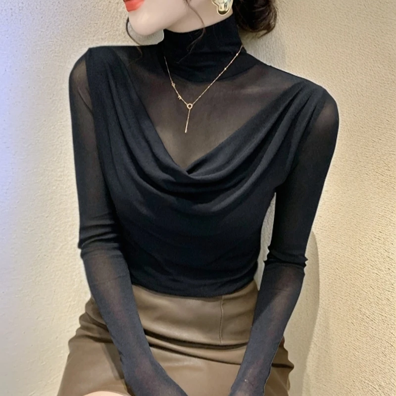 秋季时尚百搭服装高档网纱打底衫女爆款2025新款长袖独特漂亮小衫