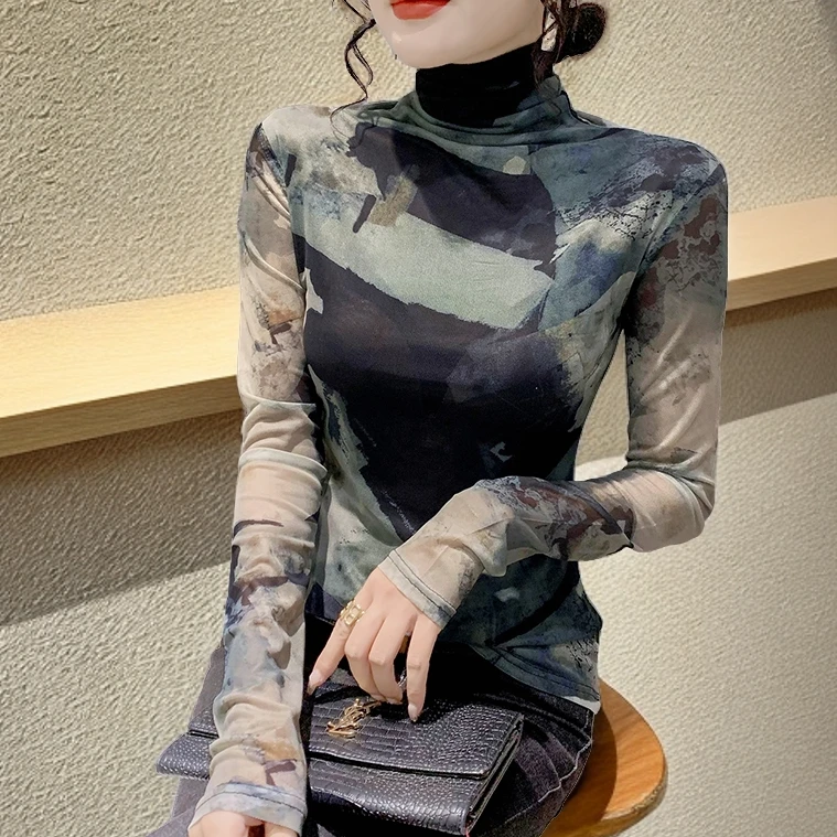 高档气质网纱打底小衫女内搭高领洋气上衣秋冬长袖t恤高级感纱衣