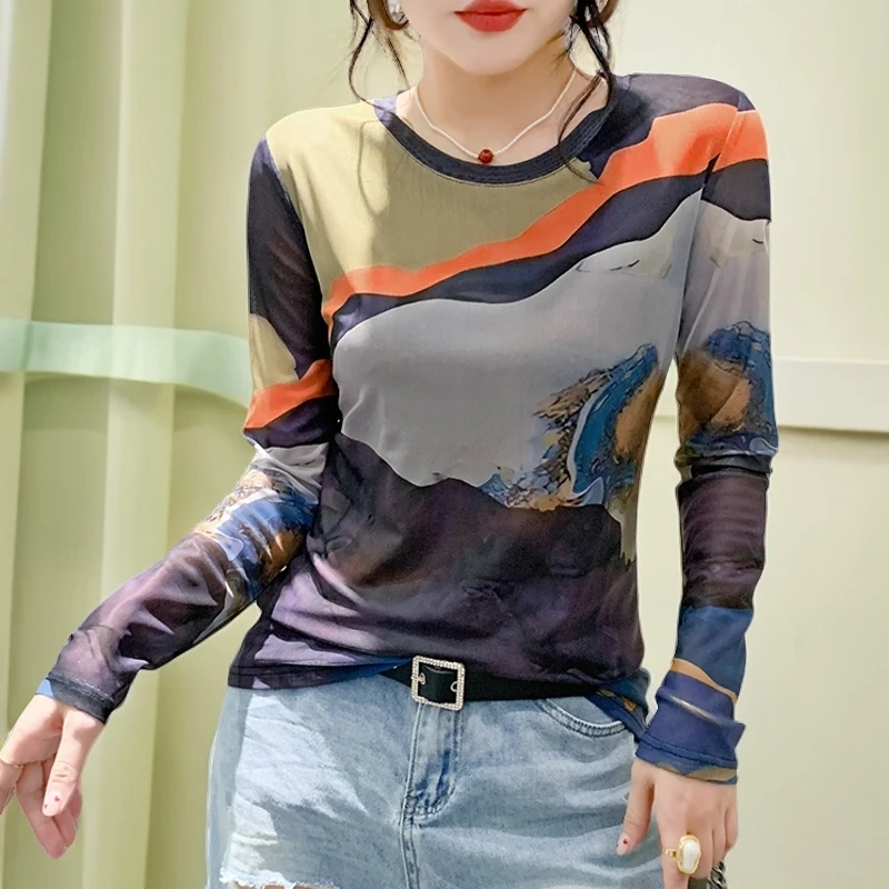 复古风女装2025爆款洋气正版网纱上衣气质打底衫内搭可外穿t恤潮