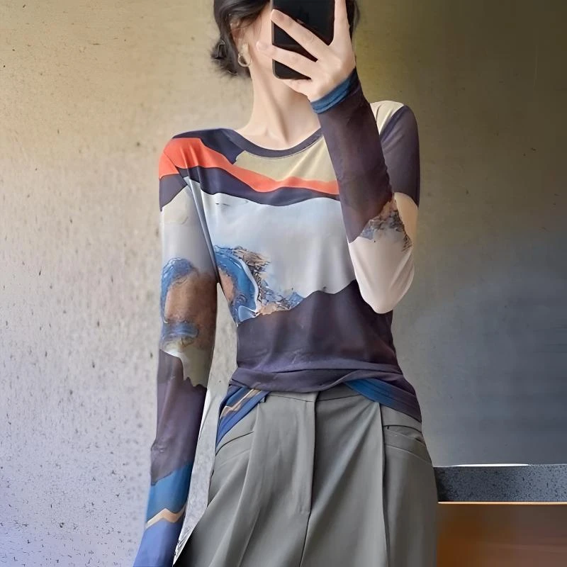 秋冬时尚潮牌内搭肌肤网纱打底衫女款爆款2024新款高级感长袖上衣