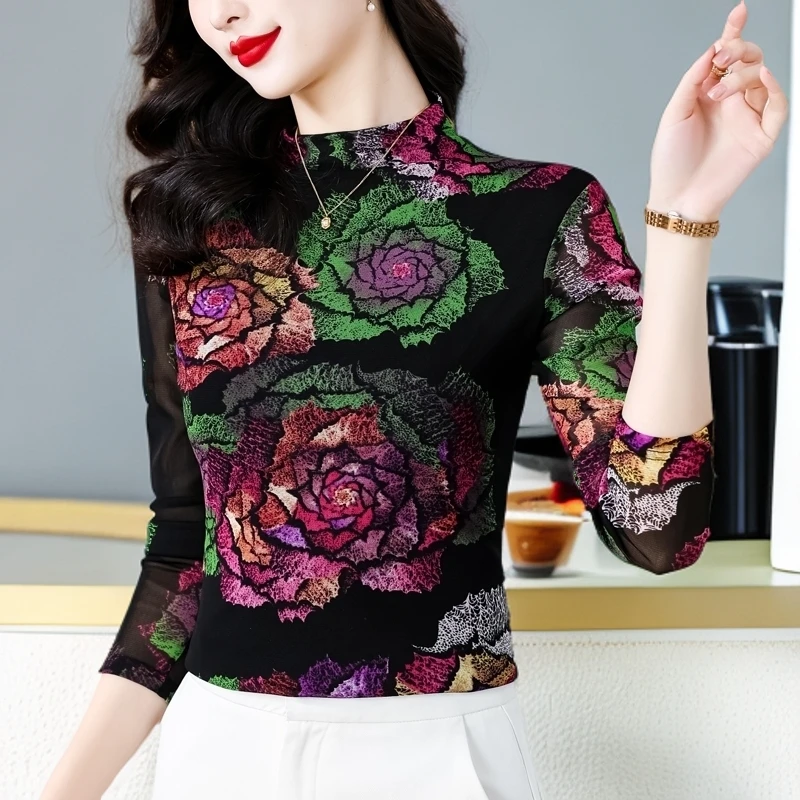秋冬季正版网纱上衣女中国风印花气质内搭打底衫百搭精致长袖t恤