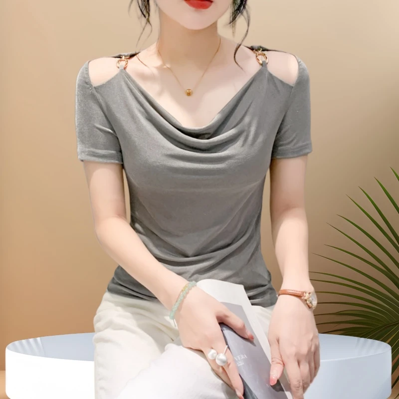 高档露肩短袖t恤夏装女款爆款2025新款漂亮别致小衫上衣洋气时髦