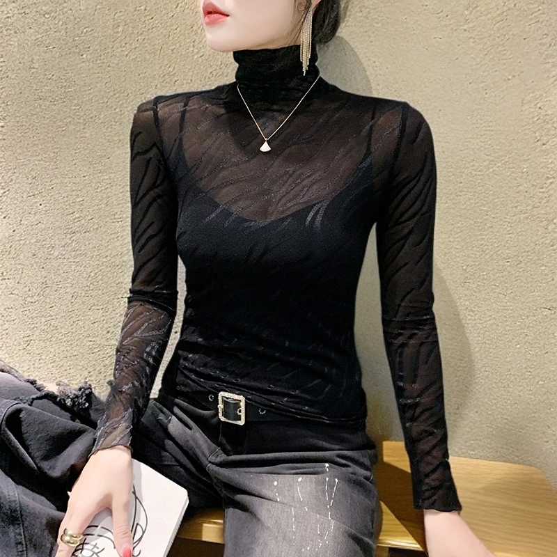 女款气质服装高档正版网纱打底衫秋冬新款时髦洋气长袖内搭上衣潮