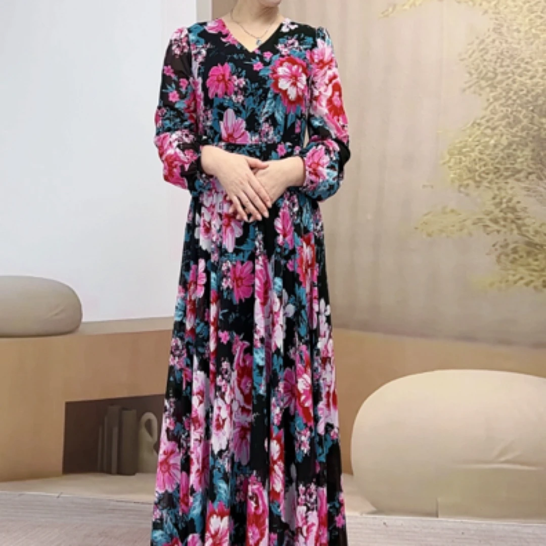 波西米亚风修身显瘦连衣裙波西米亚设计时尚长裙黑底粉花X501-250