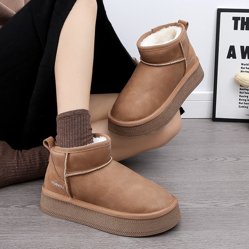 环球2024皮面手工雪地靴加绒保暖棉鞋加绒百搭时尚增高厚底靴子