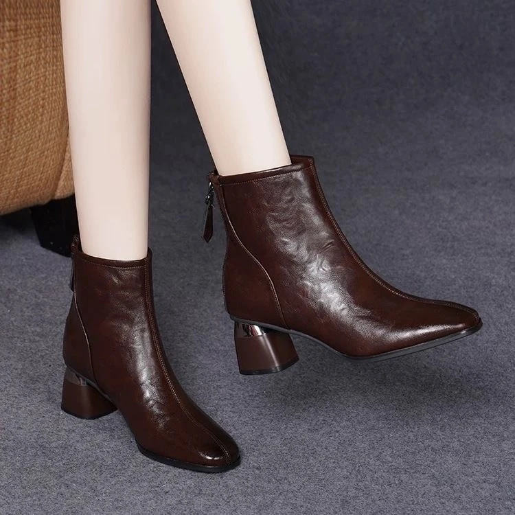 2024新款春秋季软皮短靴女粗跟中跟单靴方头踝靴秋冬软皮高跟皮鞋