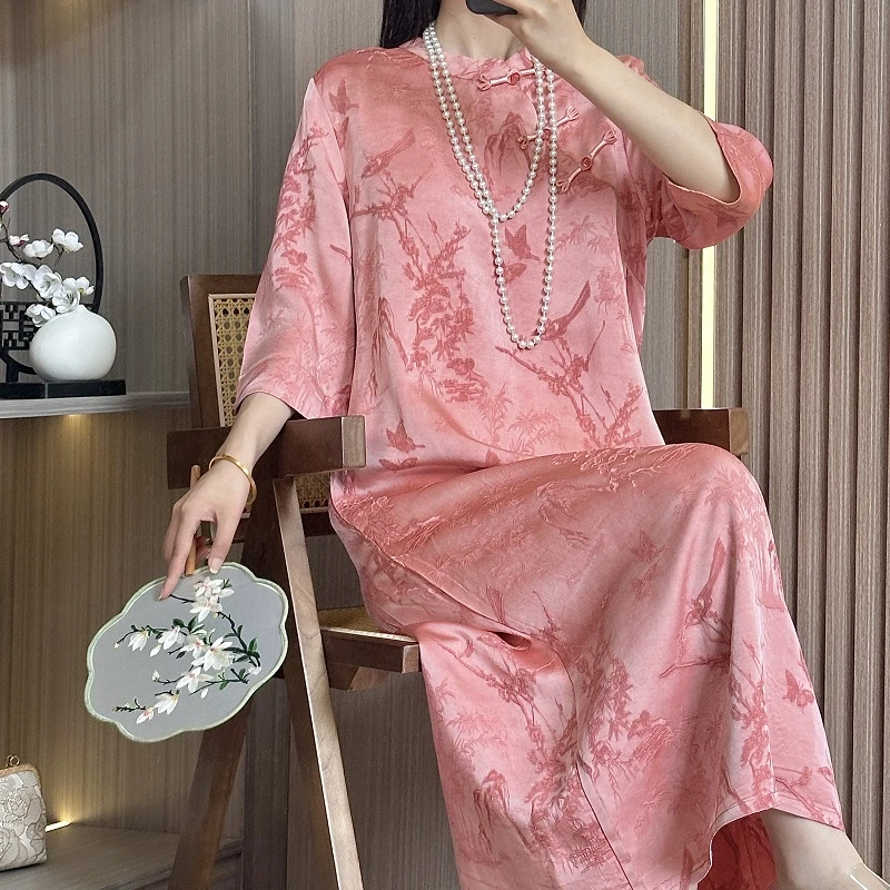 （粉竹）夏新款中式气质立领提花宽松短袖中长款连身裙女中国风旗袍