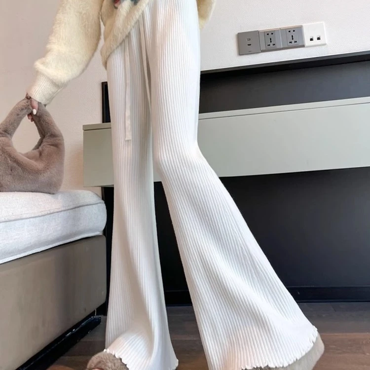欧米朵米白色软糯微喇裤女慵懒流苏拖地休闲裤秋季加厚针织毛线裤