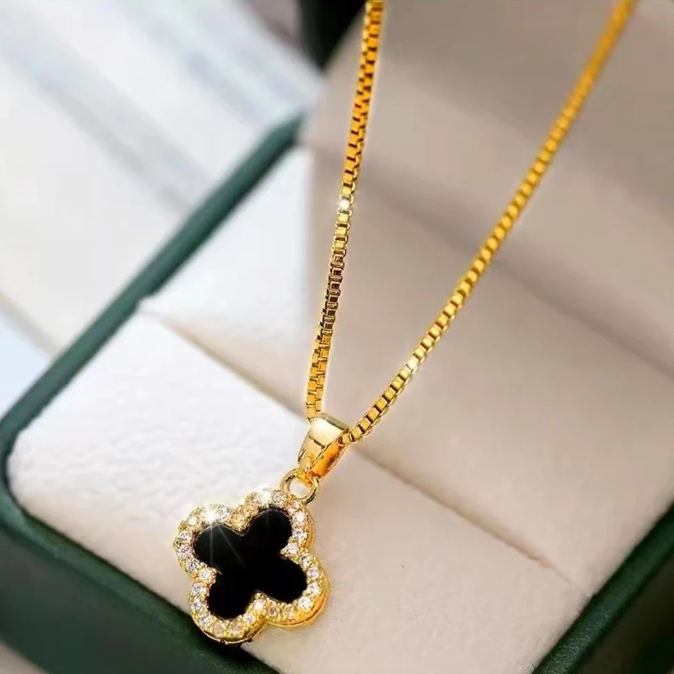 钛钢锆石项链 319 四叶花双面气质优雅两戴锁骨链