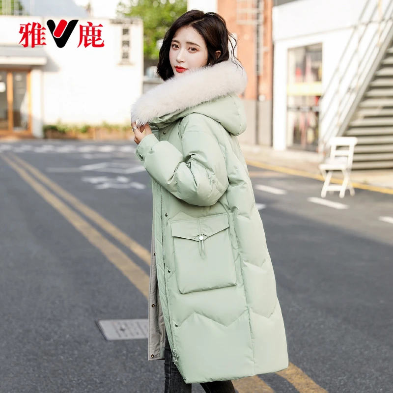 雅鹿狐狸毛毛领中长款韩版时尚显瘦连帽过膝派克服外套羽绒服女装