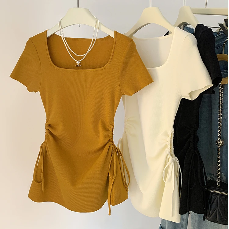 中长款短袖方领针织T恤女夏季2025新款抽褶收腰绑带修身显瘦上衣