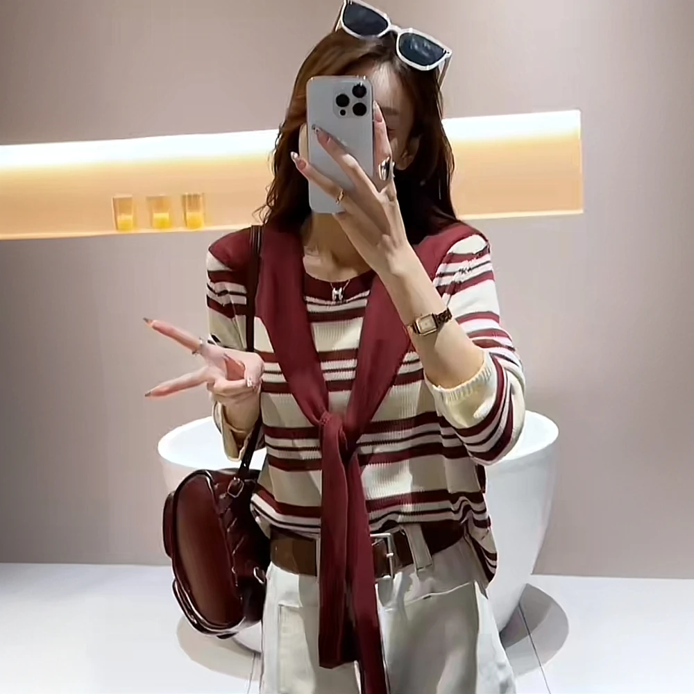 安哥拉红条纹长袖针织衫女初秋慵懒风软糯宽松毛衣搭配披肩两件套