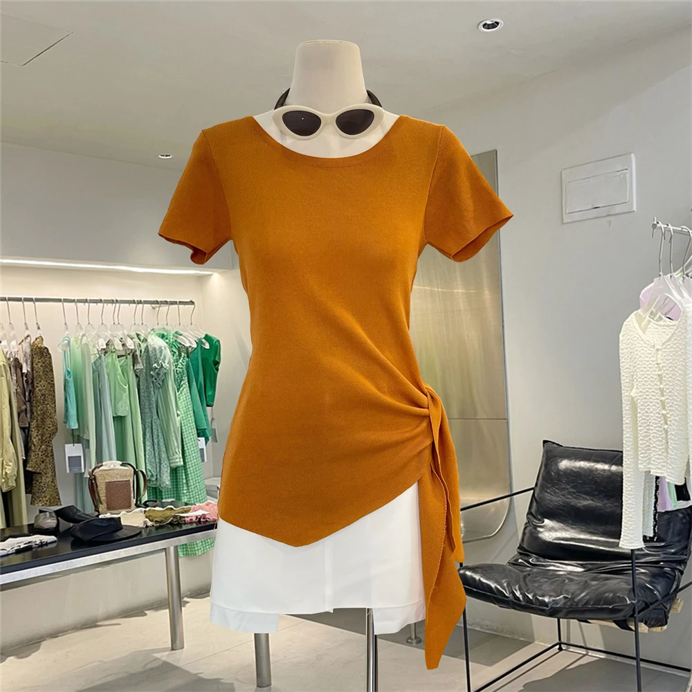 夏季新款设计感系带不规则圆领短袖修身显瘦小众百搭针织衫上衣女