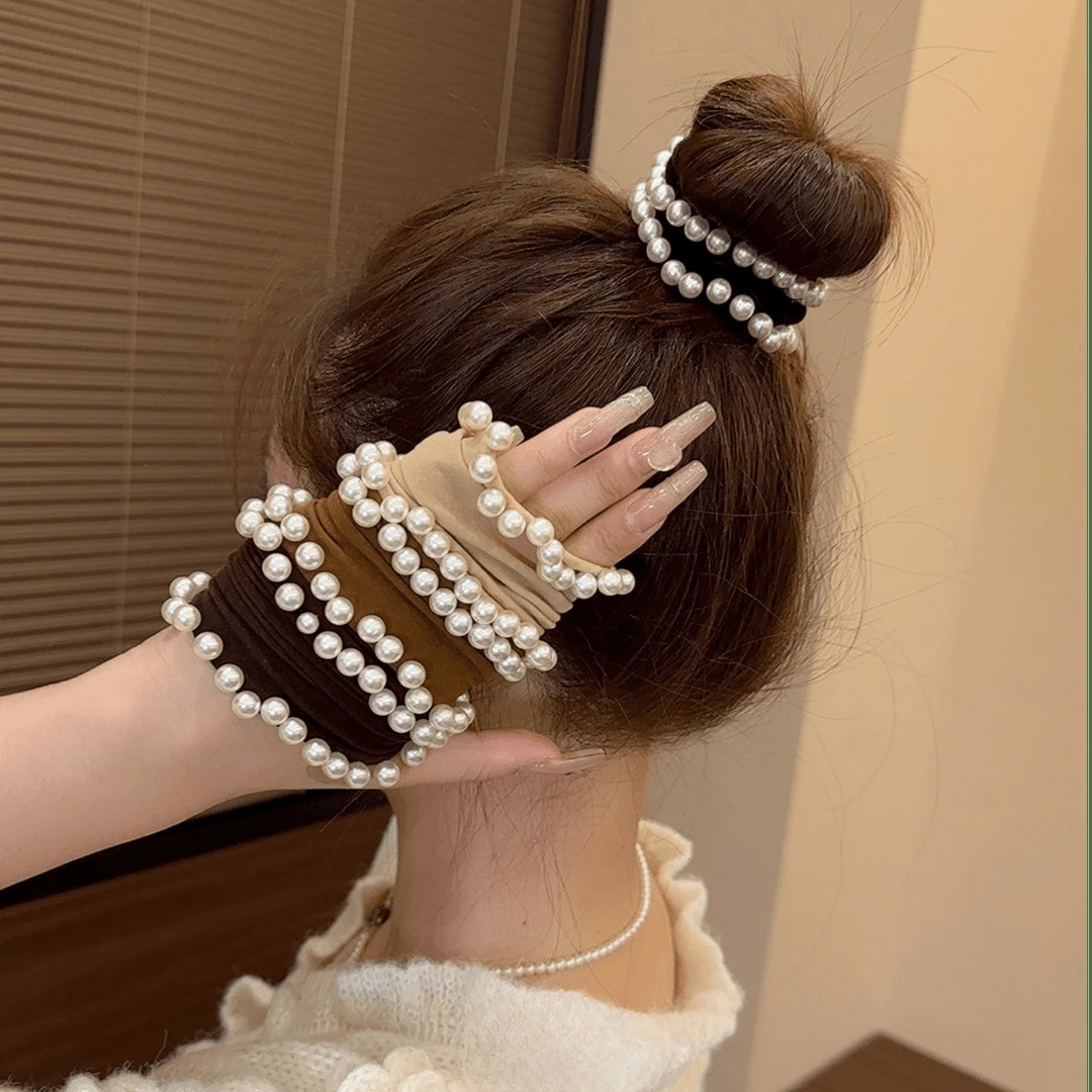 新款零压柔软高弹力小香风珠珠面膜发圈雅丹风不勒发扎发头绳发绳