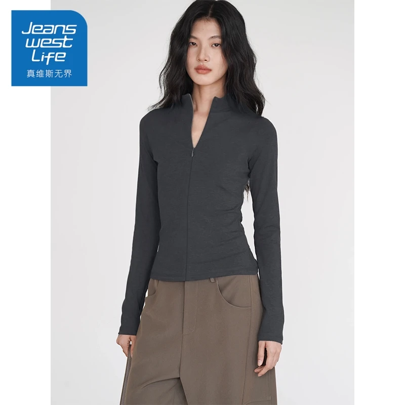 真维斯无界纯色打底衫2024秋冬德绒内搭长袖开领上衣修身显瘦穿搭