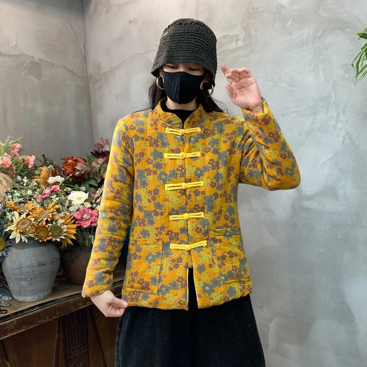 2024新中式盘扣对襟复古民族风纯棉双层纱布保暖立领冬季棉衣女