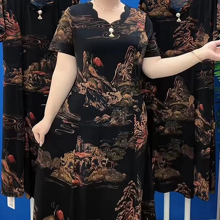 新款宽松休闲中长款妈妈装2024夏款中国风花色短袖百搭减龄连衣裙