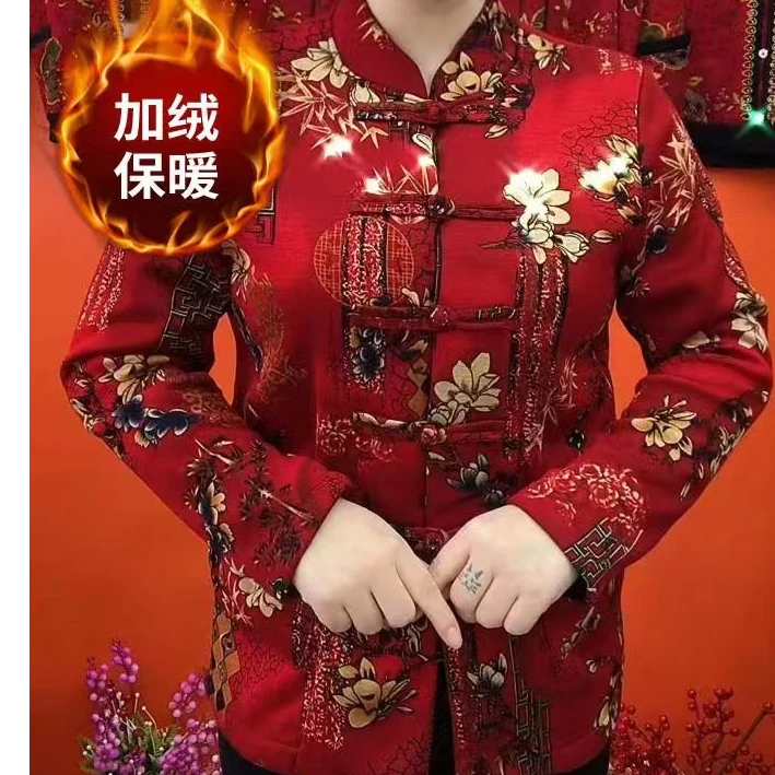 秋冬新款加绒加厚短款外套时尚印花复古民族风盘扣妈妈装保暖衬衣