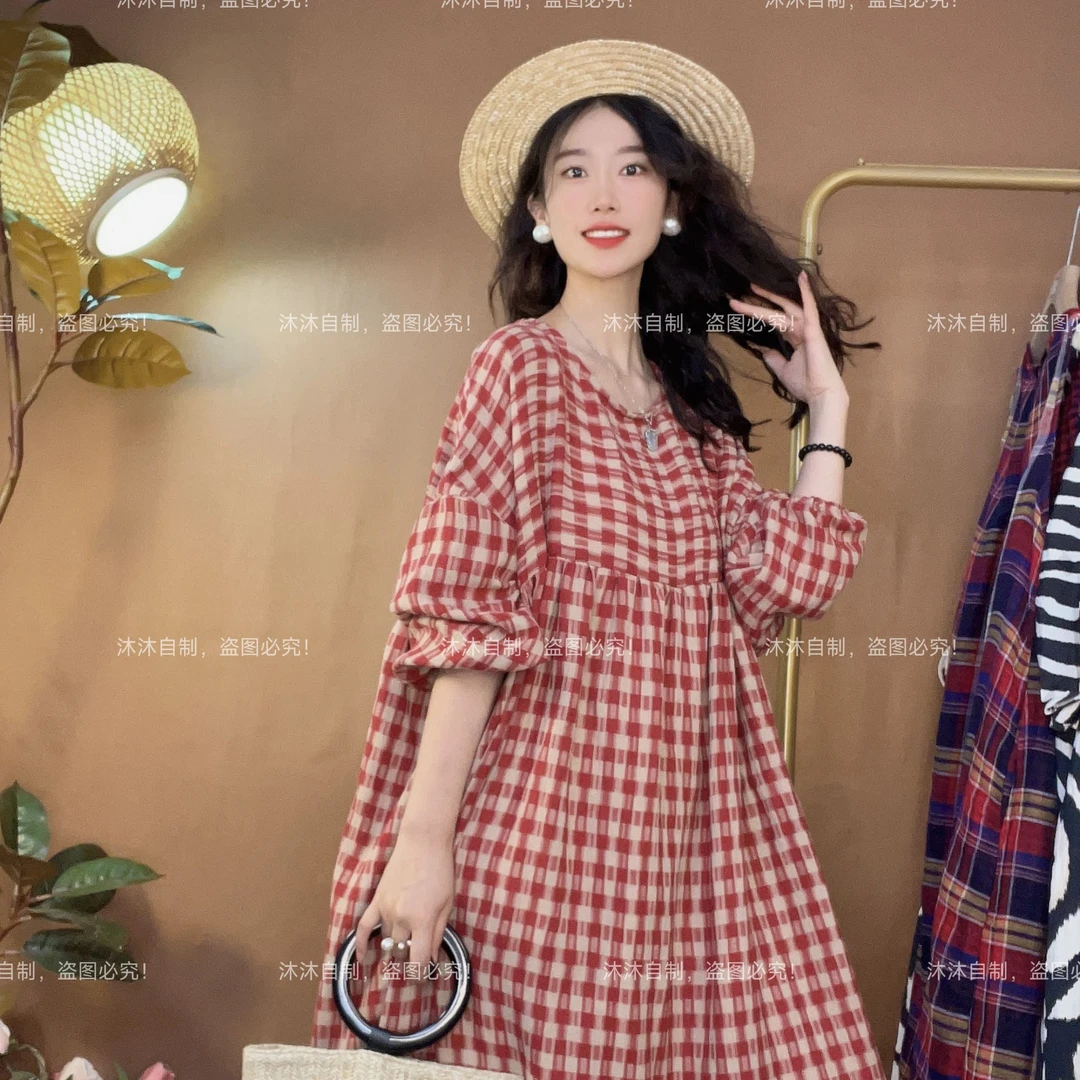 【沐沐自制】46（浮生）森系文艺红咖格棉纱宽松连衣裙显瘦遮肚子