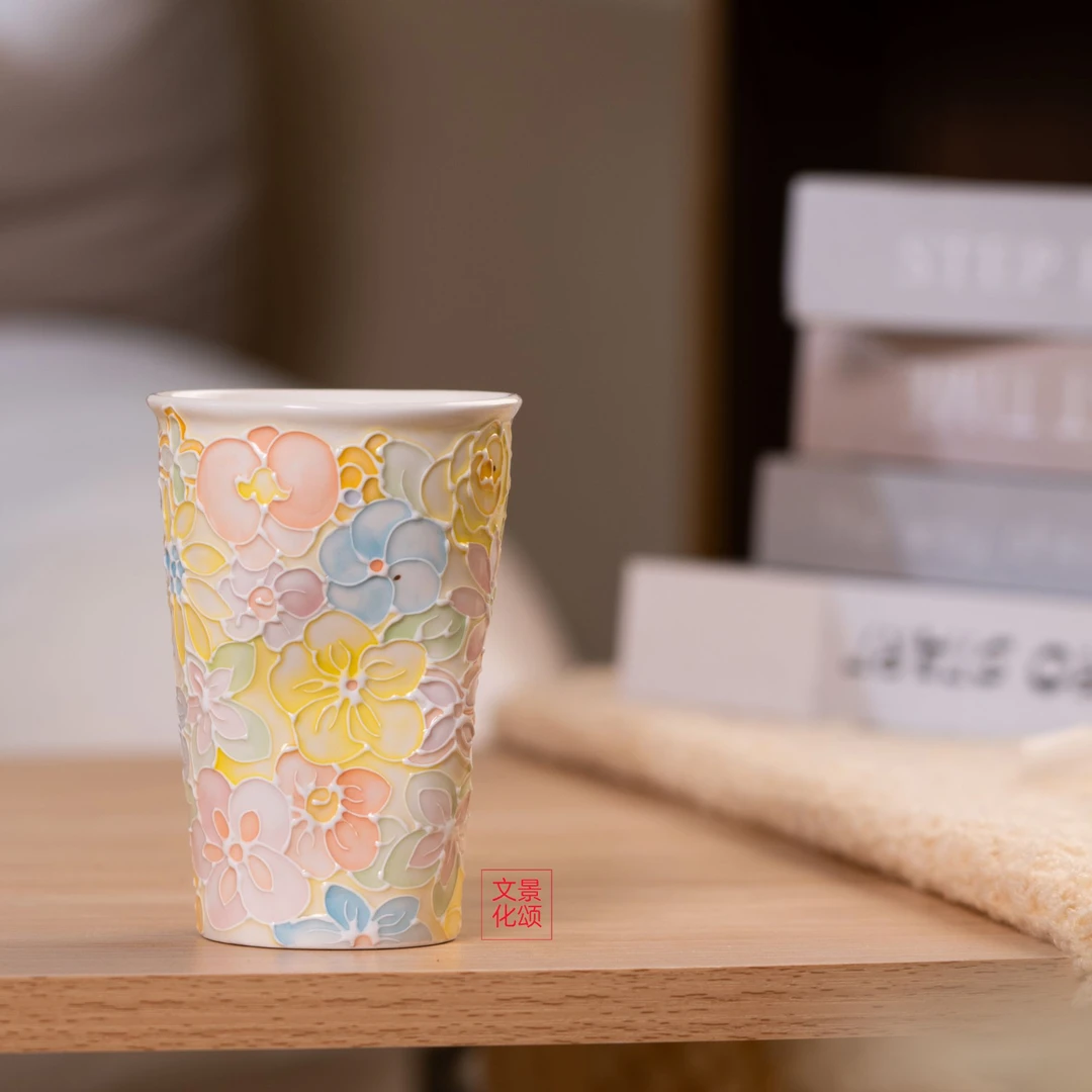 景德镇万花沥线手捏可乐杯手工手绘家用陶瓷主人杯大容量创意