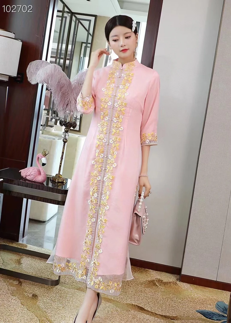 墨娇颜20201重工艺刺绣修身连衣裙中国风夏季气质显瘦