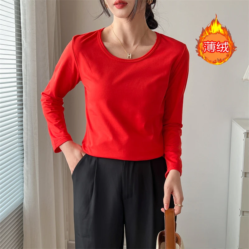 学生纯色长袖T恤女秋季加绒内搭打底衫设计感小众显瘦保暖上衣潮