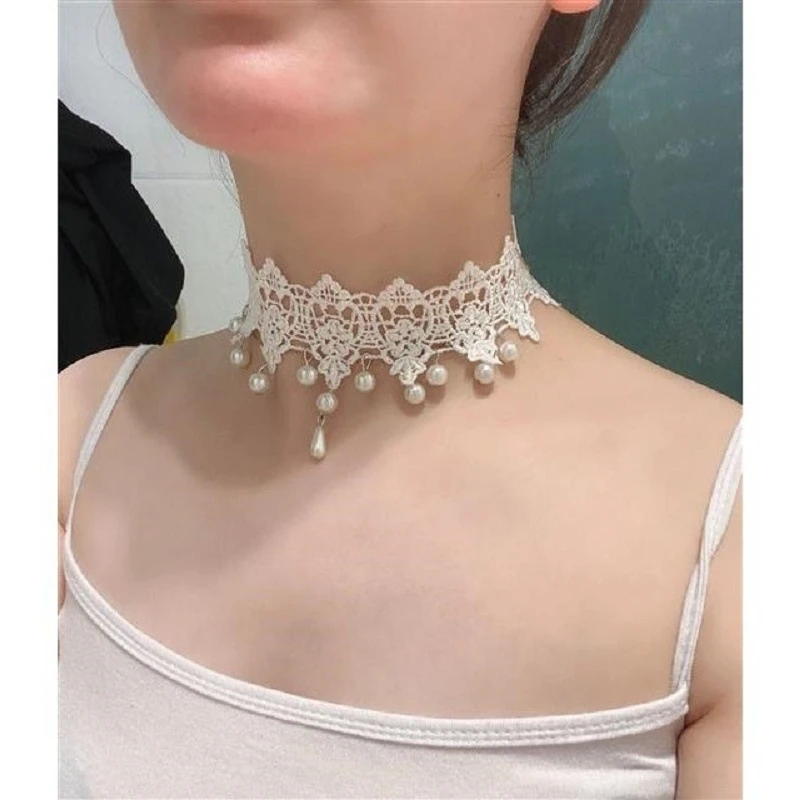 非金属布艺项链 白色花边蕾丝项链choker女锁骨链流苏项圈女颈带