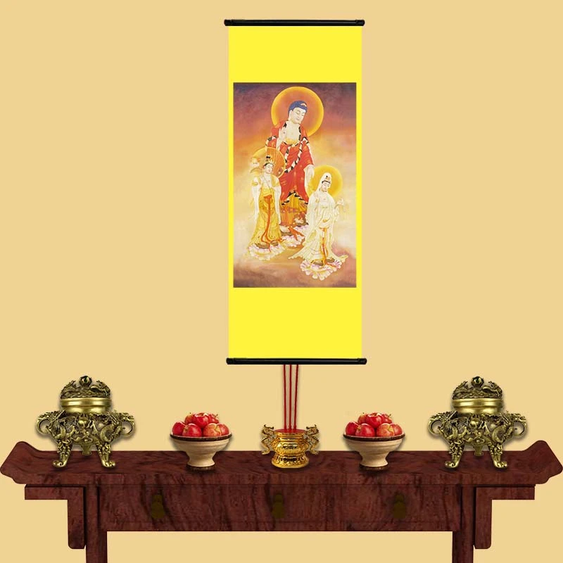 西方三圣接引图 南无阿弥陀佛像装饰画大势至菩萨观音挂画装饰画