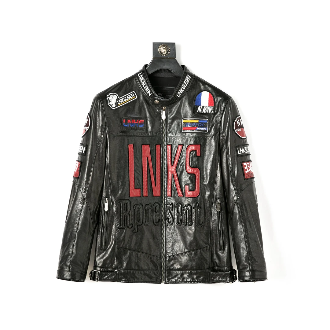 海宁春秋季立领刺绣潮牌黑色修身款牛皮真皮皮衣男女同款夹克