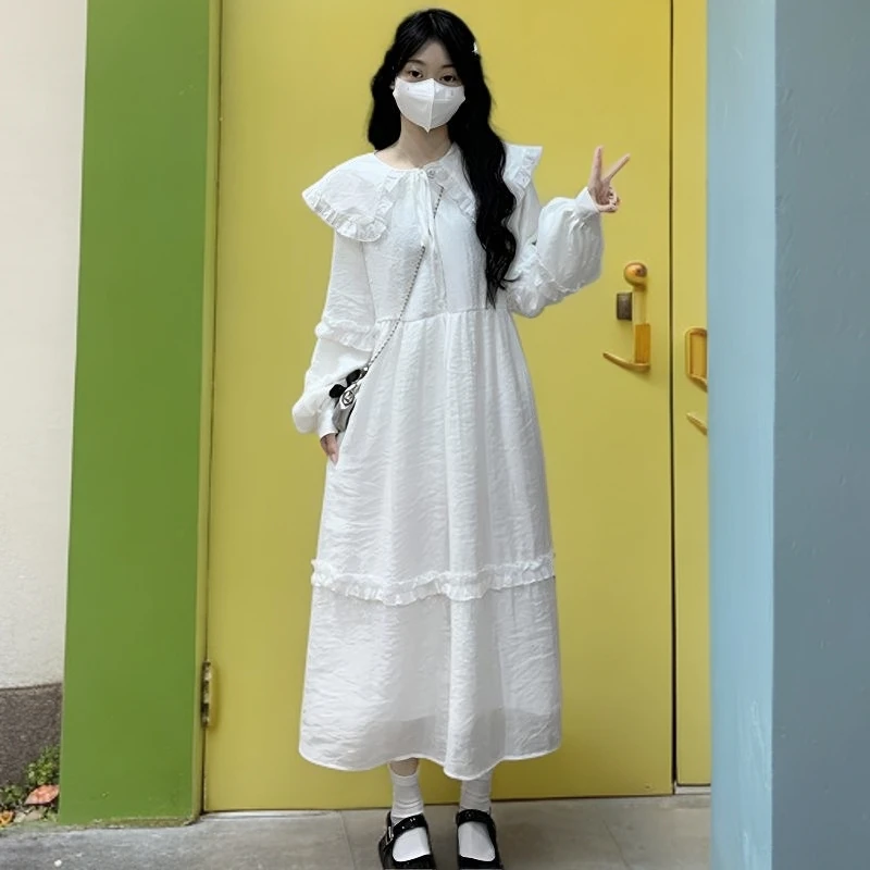 内搭连衣裙初恋白裙子少女连衣裙 白色温柔荷叶边娃娃领仙长裙子