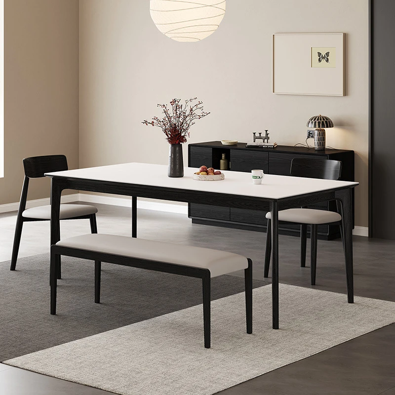 意式极简岩板餐桌实木餐桌椅北欧饭桌现代简约小户型长方形餐桌椅