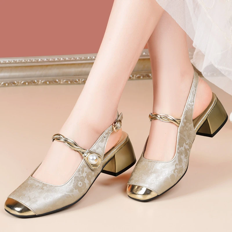 单鞋凉鞋女夏季真皮软底粗跟中跟舒适时尚百搭女士外穿中年妈妈鞋