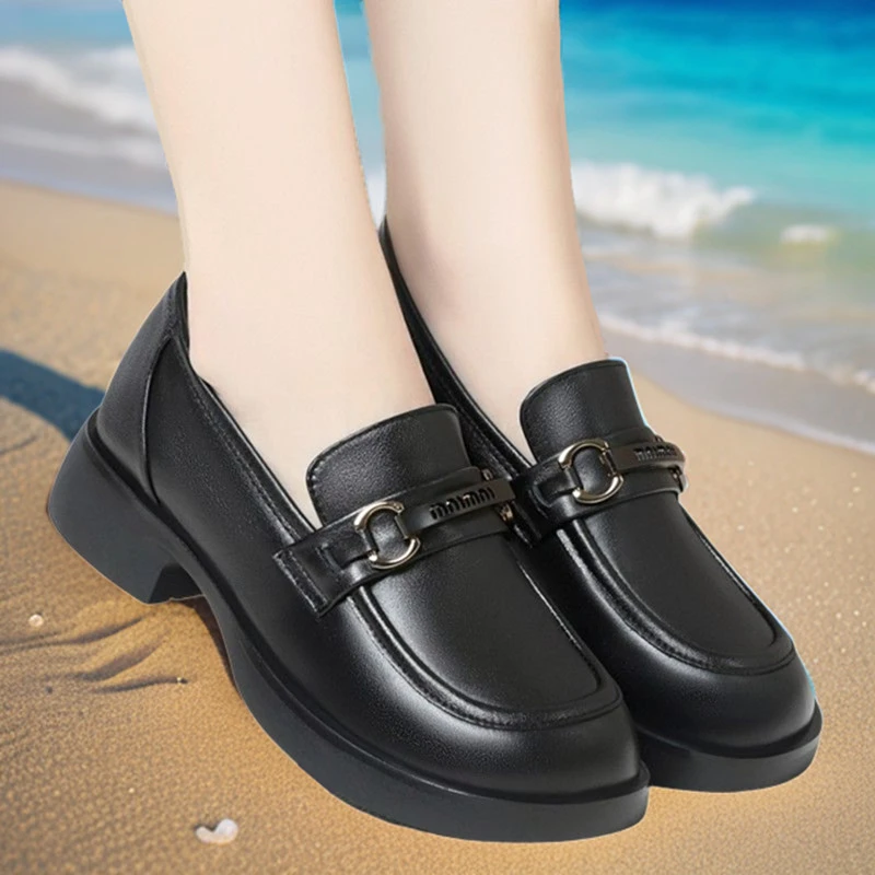 女士皮鞋圆头厚底乐福鞋真皮软底一脚蹬女鞋工作春秋单鞋黑色百搭