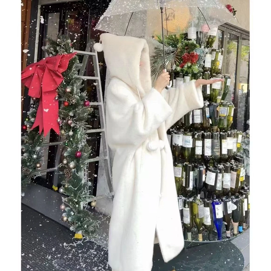 2025冬季爆款女巫师帽环保加厚毛绒长款皮毛大衣毛毛外套