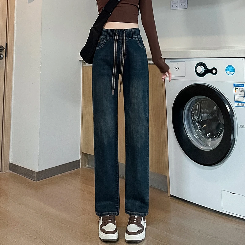 窄版窄版直筒裤牛仔裤女长裤秋冬新款高腰显瘦加绒加厚羊羔绒