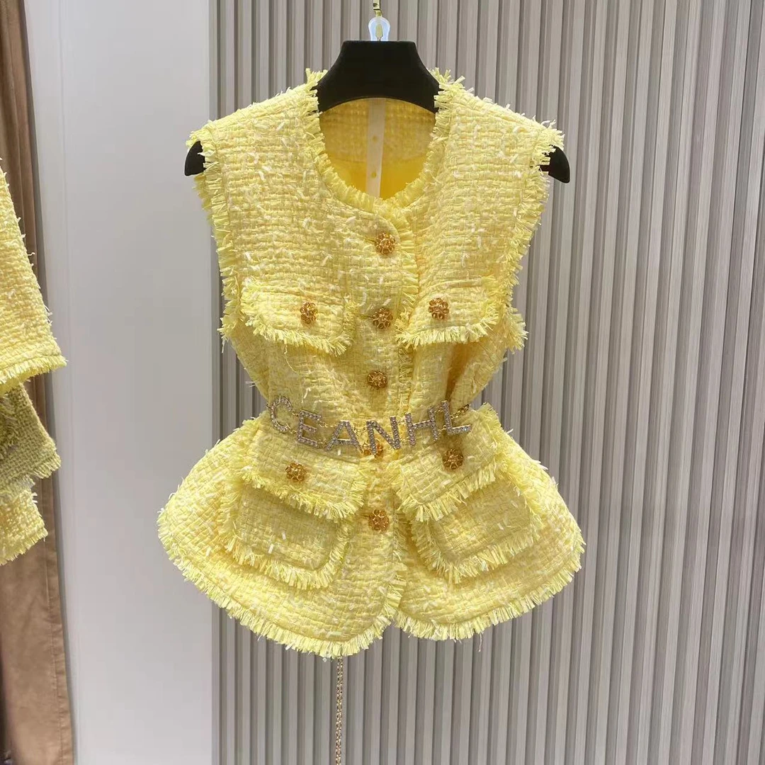 明亮黄2024新款时尚气质款小香风外套颗粒绒轻奢粗花呢