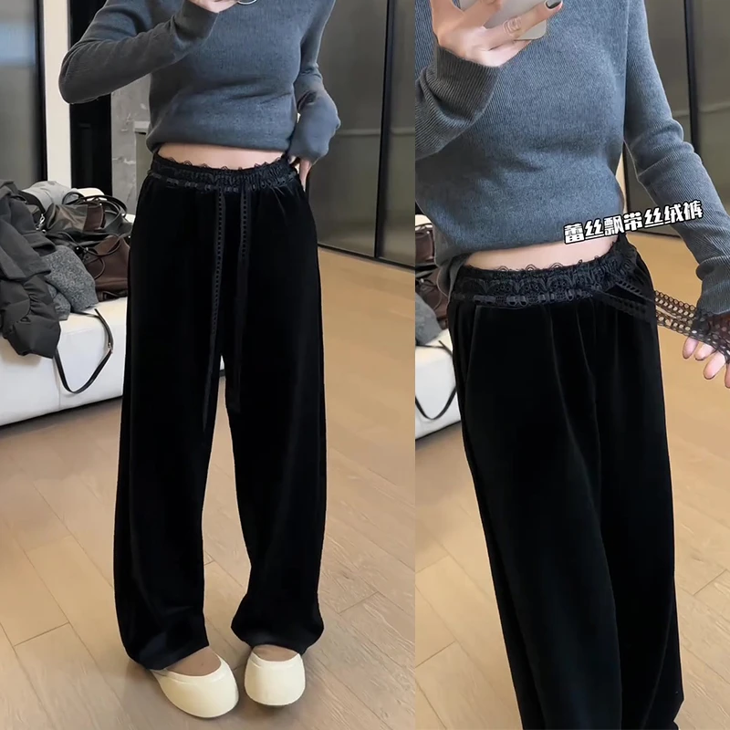 2024冬季新款大码女装蕾丝飘带丝绒阔腿裤梨形身材显瘦拖地裤长裤