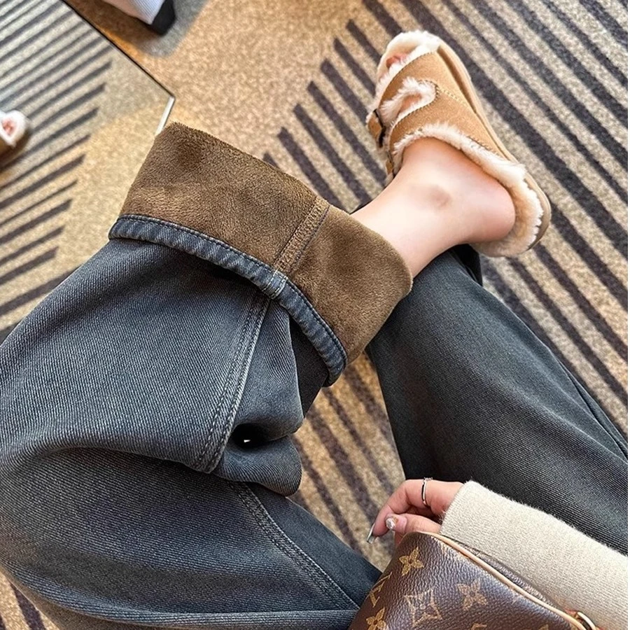 2023冬季新款加绒加厚高腰阔腿牛仔裤梨形身材显瘦宽松百搭拖地裤