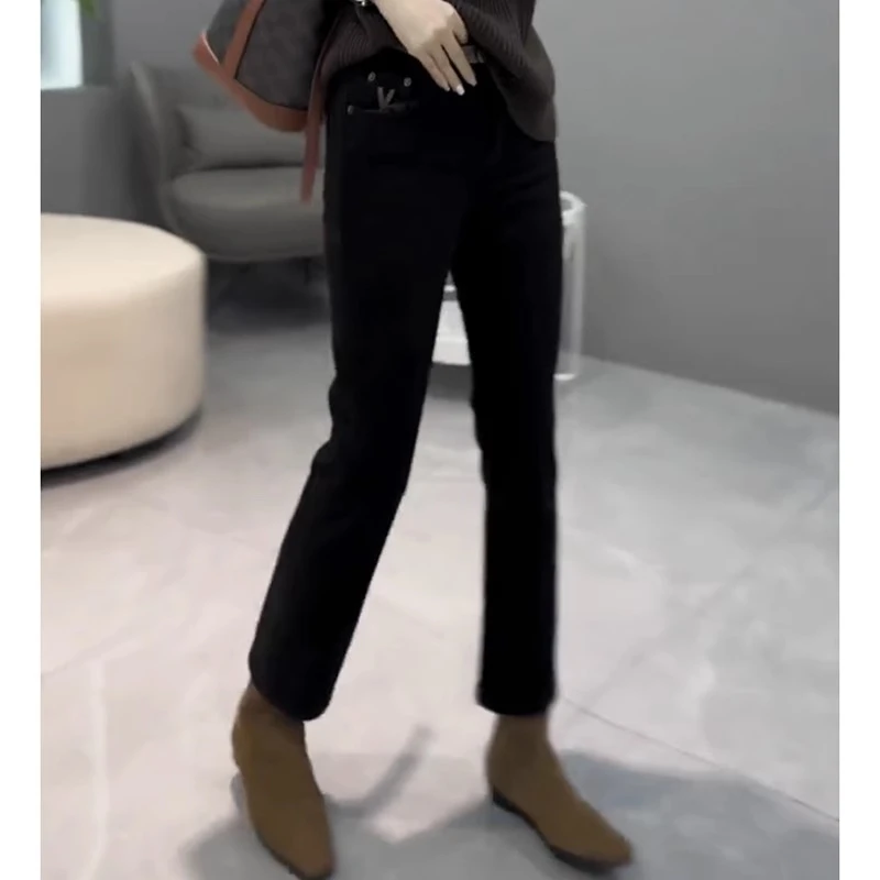 2024冬季新款大码高腰加绒加厚九分直筒裤梨形身材显瘦烟管牛仔裤