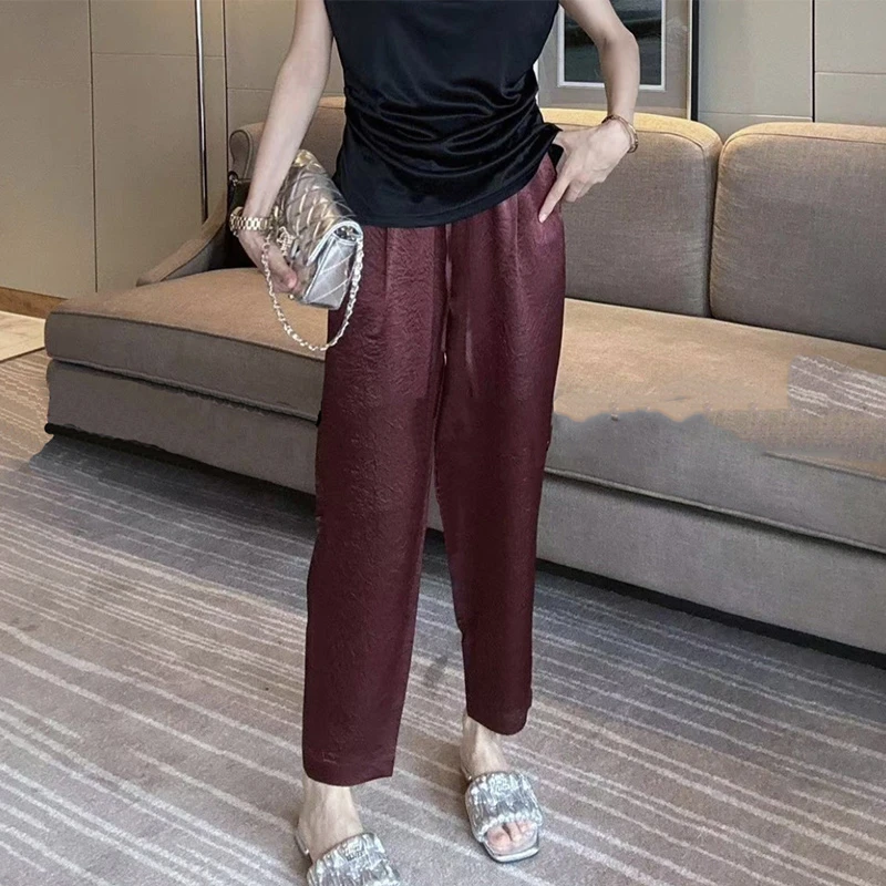 2024夏季薄款大码女装九分醋酸休闲裤梨形身材显瘦皱褶萝卜哈伦裤