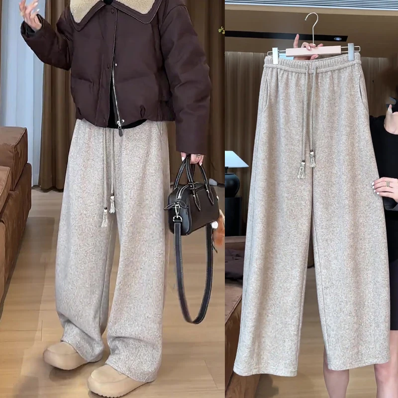 2024冬季加绒款大码女装抽绳阔腿休闲裤梨形身材显瘦弯刀拖地长裤