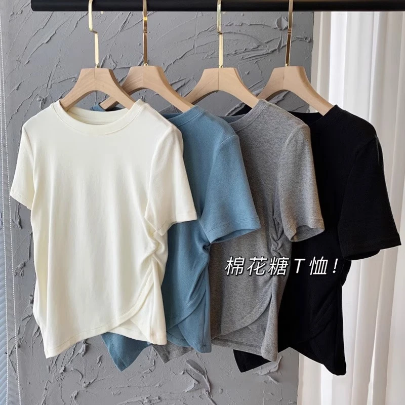 2024夏薄款大码女装皱褶设计感短袖T恤胖mm显瘦减龄弹力百搭上衣