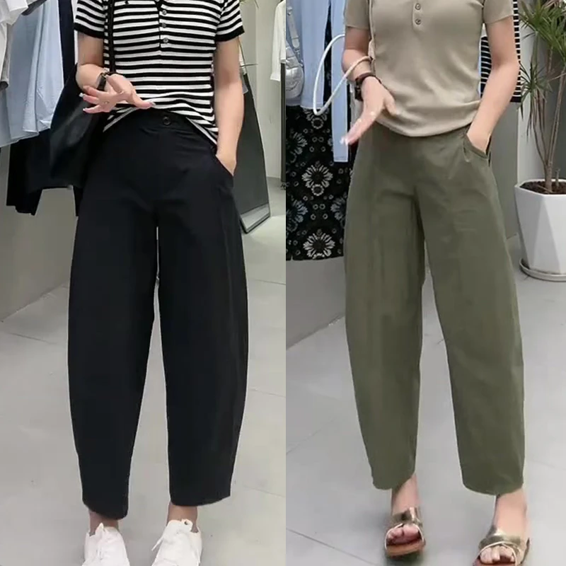 2024早秋新款大码女装后松紧腰山本九分休闲裤梨形身材显瘦哈伦裤