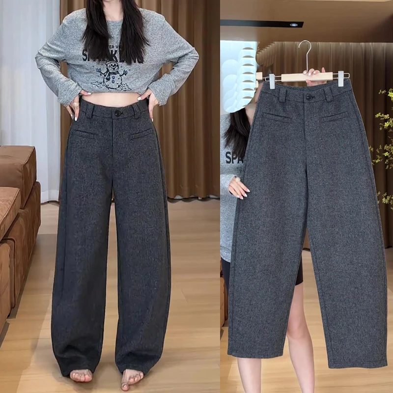 2024冬季加绒款大码女装毛呢阔腿休闲裤梨形身材显瘦弯刀拖地长裤